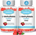 2 Pack L- methylfolát 15mg & methyl B12 Gummies, Folate dodatek pro zdraví mozku, nálada a imunita, DNA Syntéza & opravy, cukr zdarma, Vegan, Brusinkový Flavor, 120 Počet