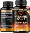 Vitamin D3 K2 - Vitamin D3 10000 iu & K2 jako MK-7 120 mcg - Imunitní a náladová podpora, pro zdraví kostí a zubů - s hořčík, zinek a vitamin C & B12 - Vysoce biologicky dostupné - Made in USA, 240 Kapsle