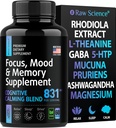Mozkové doplňky pro paměť a soustředění - Ashwagandha, L Theanine, Rhodiola Extract, GABA, 5HTP - Nootropní, Mood Support & Cortisol Supplement - Oxid hořečnatý, Mucuna Pruriens - 60 Kapsle