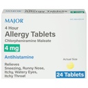 MAJOR 4 Hodinové alergické tablety - Chlorfeniramin Maleate 4 mg - Antihistamin - 24 Počet (1 balení)