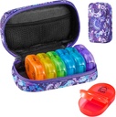 Serfeymi Týdenní Travel Pill Organizátor 2 Times A Day PM Upgraded Rainbow Pill Box 7 Day with Portable Zipper Canvas Pill Case, Medicine Organizer for Pills, Vitamíny, Fish Oils - Purple 01