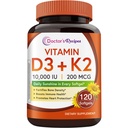 Lékařské recepty Vitamin D3 K2, 10 000 IU, 200 mcg, MK-7, Silná hustota kostí, zuby, imunitní, Podpora srdce, Energie, Absorpce vápníku, No Soy & Gluten, Non- GMO, 120 Softgels