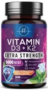 Vitamin D s K2 (MK-7) - Vitamin D3 5000IU (125mcg) Per Serving - D3K2 Complex Supplementary for Bone, Zuby, Svalovina, Absorpce vápníku, Imunitní podpora a srdeční zdraví - Láhev v USA - 240 Softgels