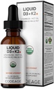 Liquid D3 + K2 Vitamíny USDA Organic - Vitamin D3 2000 IU, Vitamin K2 (MK4 & MK7) Liquid Kapky - Imunitní podpora - Neochucená - Organická MCT Olej - Non- GMO - 1 fl oz
