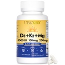 UBIOSKA Vitamin D3 K2 doplněk k hořčíku - 5000 IU D3 + MK-7 K2 s 8- Form Magnesium (Glycinát, Taurát, Malate) pro klid spánku, úlevu od stresu, moodová bilance a silné kosti - 60 Kapsle