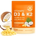 Vitamin D3 K2, D3 K2 Vitamin 10000 iu Doplněk s Coconut Oil Softgels, 2 v 1 Formule 200 mcg (MK-7) Komplexní Softgely Podpora absorpce vápníku, imunitní, zdraví kostí D3 K2 Vitamin - 120 Softgeles