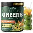 Celkový čaj Super Zelené Powder Dodatek, Zelené, Ovoce, Zelenina, Veganský nápoj se Spirulina, Chlorella a Vitamíny 25 Služeb - Mango