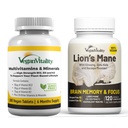 Vegan Vitality Brain Nutrition Bundle - Lions Mane Nootropní kapsle a Vegan Multivitamins. Plant- Based doplňky pro paměť a zaměření a celkové zdraví pro vegany a vegetariány