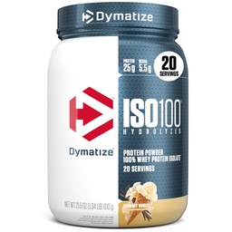 Dymatizujte isolát syrovátkového prášku ISO100, Gourmet Vanilla, 25g proteinu, 5,5g BCAA, méně než 120 Cal., bez gluten, 1g tuku, 1g cukru, 2g karbu (20 porcí)
