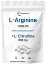 L- Arginin 1,600mg Oxidy dusíku dodatek pro muže s L- Citrulline, 240 Bisected Tablety CLAS124; Oxidy dusnaté Prekurzor 124; Svalovina, Energie, & Podpora srdce CLAS124; Non- GMO, Gluten zdarma - 4 měsíce