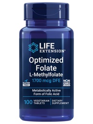 Life Extension Optimalizovaný folát - L-methylfolát - Podpora srdce a mozku, Zdravé hladiny homocysteinu - Non- GMO, Gluten- Free, Vegetarian - 1700 mcg DFE, 100 Vegetariánských tablet