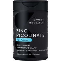 Sports Research High Potency Zinum Picolinate 30 mg s organickým kokosovým olejem 124; Vysoce absorbovatelný doplněk zinku pro zdravou imunitní a enzymovou funkci - Non- GMO Testováno & Gluten- Free (90 Tequid Softgels)