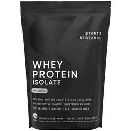 Sports Research® 100% Whey Protein Isolate Unflavored - U.S. Sourced Protein Powder w/BCAAs - No Artificial Flavors or Gums- Informed Sport Tested · Gluten Free - 2lb Bulk Bag, 25 Servings