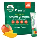 Zena Nutrition Organic Super Green Powder, 70 + Superfoods, 0 Cukr, 3G Fiber, Spirulina, Chlorella, Houby, Prebiotika / Probiotika, Digestive Enzymes for Gut Health, Mango, 30 Drink Mix Packets