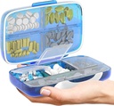 Travel Pill Organizátor - Vzduchotěsná medicína Pouzdro pro cestování Přenosné lékárny Box s etiketami Vitamin Container 8 Kompletní dodatek Držák léků Velká kapacita Denní (modrá)