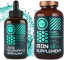 WILD FUEL železné tablety pro ženy s kyselinou listovou a tekutý chlorofyl s Spirulina ženské zdraví a Detox Bundle