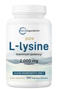 Čisté L- Lysin 2,000mg, 300 Veggie Kapsle 124; Maximální potence, Snadno absorbované, Volný formulář 124; Esenciální aminokyselina pro kolagen, Lip, & Imunitní podpora 124; Čisté ingredience bez filtrů