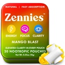 Zennies Kofein Nootropní Pouches s Alpha GPC, L-Tyrosin & L-Theanine, Lion 's Mane, Cordyceps, Reishi - Nicotine Free, No Cukr nebo umělé sladkosti Nootropní energetické Pouches, Mango Blast 1 PK
