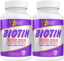 Sunshine Naturals Biotin dietární doplňk. pro zdravější pleť, silnější vlasy, růst nehtů. Kolagen, vitamín A, B pro vypadávání vlasů, krása, obnova buněk, zdraví skalpů. 5000 mcg. 90 Kapsle. Balení po 2 ks