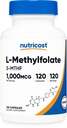 Nutrikost Methylfolát 1000mcg, 120 Vegetariánských kapslí - Gluten Free, Non- GMO (Methylovaný folát)