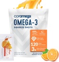 Coromega Omega 3 Rybí olej dodatek, 650mg Omega-3s s 3X lepší absorpce než Softgels, Orange Flavor, 120 Single Serve Squeeze Packets