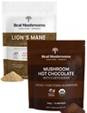Pravé houby Hot Chocolate Mix (15 Služeb) a Lví hříva (60 Služeb) Práškový pouzdro - Houba Práškový dodatek pro denní imunitu a kognitivní podporu - gluten- Free, Non- GMO, Vegan