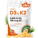 VEV Korefeel Vitamin D3 K2, 5000 IU D3 100mcg K2 (MK 7), 300 Softgels, 2in-1 vitamin D & K dodatek s kokosovým olejem, podporuje absorpci vápníku a zdraví kostí, snadné spolknout
