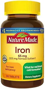 Nature Made Iron 65 mg 365 Tablety (325 mg sulfát železitý), Dietní dodatek pro podporu červených krvinek, 365 Tablety, 365 Day Suppl- Balené s nakottoSupliments Guide