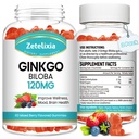 2 Pack Ginkgo Biloba Gummies pro ženy a muže, Mozkový dodatek Zlepšit lepší nálada a soustředění, Vegan Mixed Berry Flavor 120 Počet
