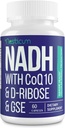 NADH 50mg + CoQ10 200mg + D- Ribose 150mg dodatek, zvýšení NAD + Doplňky pro imunitní systém, celulární energii, Focus, Reduced Nicotinamid Adenin Dinucleotid, 60 Veggie Kapsle