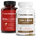 Real Houby RealClarity (60ct) a Lions Mane (120ct) Kapsle Bundle - Houbový dodatek pro zdraví mozku, Duševní Clarity, Focus, Cognition & Imunity Support - Brain Vitamíny w / Ashwagandha