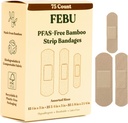 FEBU Eco- Friendly Bamboo Fabric Bandages CLAS124; PFAS Free Flexible Fabric Bandages CLAS124; Natural Hypoalergenní bandage for Scraps, Cuts & First Aid CLAS124; Fully Composible, Latex Free Bandage CLAS124; 75 Count Strip