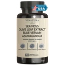 VINATURA Organic Sea Moss, Blue Vervain - s černým semenným olejem, Ashwagandha, Ginger, Burdock Root Capsules - 1250mg per Serving, * USA Made & Tested * Imunitative Booster pro dospělé