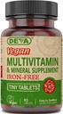 DEVA Vegan Iron- Free Multivitamin & Mineral Supplement, Vitamin C, D2, E & B-Complex, Biotin, 90 Malé tablety