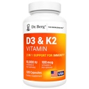 Dr. Berg Maximální síla 2- in-1 Vitamin D3 K2 10 000 IU Vitamin 124; Přirozeně odvozené D3 Vitamin 124; 4X Lab- Testováno a ověřeno VIR 124; Vysoký absorpční vzorec Vitamin 124; K2 D3 Dodatek k vitamínu - 120 Kapsle