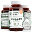 Natural Nutra Supreme Vitamin D3 400 IU Softgels, Pomáhá zvýšit imunitu, Podpora Plíce Zdraví, Sluneční Vitamin, Pomáhá zlepšit kardiovaskulární zdraví, Kost a zuby Síla, Gluten- Free, 100 Softgels