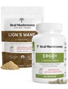 Skutečné houby Ergothioneine (60ct) a Lion 's Mane Organic Powder (60 Servings) Bundle s Shiitake a Oyster Houby Extracts - Dlouhověkost a kognitivní - Vegan, Gluten Free, Non- GMO