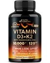 Vitamin D3 K2 - Vitamin D3 10000 iu & K2 jako MK-7 120 mcg - Imunitní a náladová podpora, pro zdraví kostí a zubů - s hořčík, zinek a vitamin C & B12 - Vysoce biologicky dostupné - Made in USA, 120 Kapsle