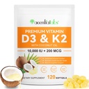 Vitamin D3 K2 Supplement Softgels, 10000 IU VIT D3 + 200 MCG K2 (MK-7) CLAS124; 2- in-1 Replenish Formule s kokosovým olejem, Podporuje absorpci vápníku, Snadno spolknout 120 Kapsle.