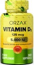ORZAX Vitamin D3 5000 iu (125 mcg) - Non- GMO, gluten zdarma, bez cukru, mléčné výrobky zdarma - 1 rok dodávky pro silné svalové funkce a imunitní podporu - Návnadový doplněk pro wellness (360 Softgel)