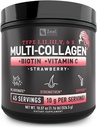 Premium Multi kolagen Peptides Protein Powder (1, 2, 3, 5 & 10) s vitamínem C, Biotin, Hyaluronic acid, pro vlasy kůže a hřebíky - Marine, hovězí, kuře & Eggshell (Strawberry, 45 Servings)