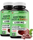 Red Yeast Rice 1200 mg Kapsle s CoQ10 - Udržujte zdravé hladiny cholesterolu, Herbal Heart Health Vegan Red Yeast Rice Dodatek - Red Rice Yeast s CoQ10 pro ženy a muže - 120 Ct (2-Pack)
