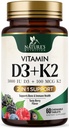 Vitamin D3 K2 dodatek CLAS124; 5000 IU D3 + K2 100 mcg CLAS124; MK-7 K2 s vitaminem D CLAS124; Podporuje imunitní, srdce, zuby a zdraví kostí - Příroda snadno žvýkat, VIT D3 K2, Non- GMO, Tasty Berry Flavor - 60 Tablet