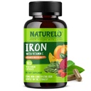 NATURELO Vegan doplněk železa s vitamínem C a organické celé potraviny - Jemné železné pilulky pro ženy a muže se železnou nedostatečností včetně těhotenství, anémie a vegan diety - 180 Mini kapsle