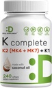 Deal Supplement Vitamin K Kompletní - 240 Coconut Oil Softgels CLAS124; High Potency Vitamin K2 (MK-7 a MK-4) & K1 CLAS124; Full Spectrum Triple Vitamin CLAS124; Kostní, kloubní a imunitní podpora - Non- GMO