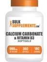 BulkSupplements.com Karbonát vápenatý a vitamin D3 Softgels - vápník a vitamin D3, vápník a D3 doplněk pro imunitní podporu - gluten zdarma, 2 Softgels per Serving, 360 Počet (balení po 1)
