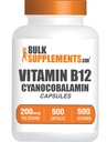 BulkSupplements.com Vitamin B12 Kapsle - jako kyanokobalamin, vitamin B dodatek, vitamin B12 200 mcg - Energetické vitaminy, gluten zdarma, 1 kapsle per Serving, 500 Kapsle (Balení po 1)