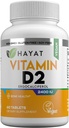 HAYAT Vitamíny Vegan Vitamin D2 2400 IU (60 MCG), Dietní dodatek pro kosti, zuby, svalové a imunitní zdravotní podpora, 2 měsíce Dodávka, Všechny přírodní, Certified Halal, 60 Tablety, Made in USA