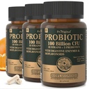 Organická probiotika pro ženy a muže, 100 miliard CFU probiotika pro stravovací, gut & imunitní zdraví - s prebiotika, bioflavonoidy a trávicí enzym, 35 Strains Raw Probiotic dodatek, 180 Caps