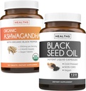 Bundle Black Seed Oil & Organic Ashwagandha - Renew & Recharge Bundle - Black Seed Oil - 120 Soft- gel Kapsle (Non- GMO & Vegetarian) a Organic Ashwagandha Root Powder 1350mg sloužit (120 Tablety)